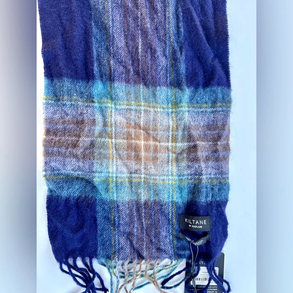 NWT Kiltane of Scotland Plaid Lambswool Navy Turquoise and Brown Scarf, 62”x10”